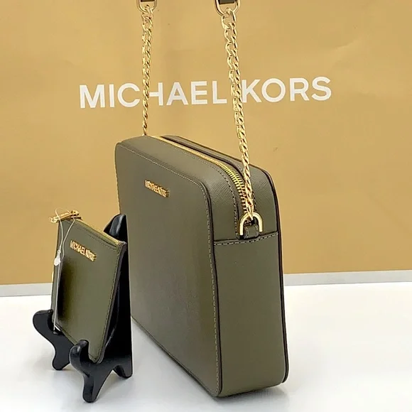 MICHAEL KORS LARGE EAST WEST CROSSBODY & Top Zip Coinpouch With ID Card OLIVE - Picture 9 of 16
